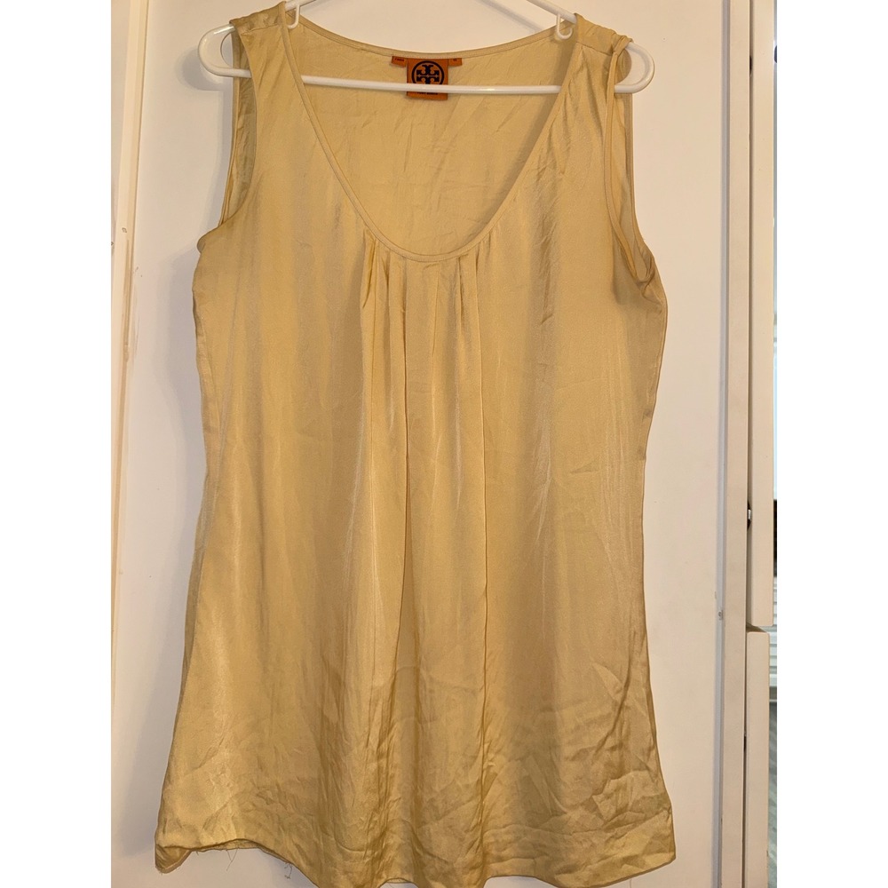 Tory Burch Silk Blend Sleeveless V-Neck Blouse Yellow Stretch Career Top Small